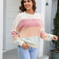 Waffle-Knit Round Neck Dropped Shoulder Color Block Sweater