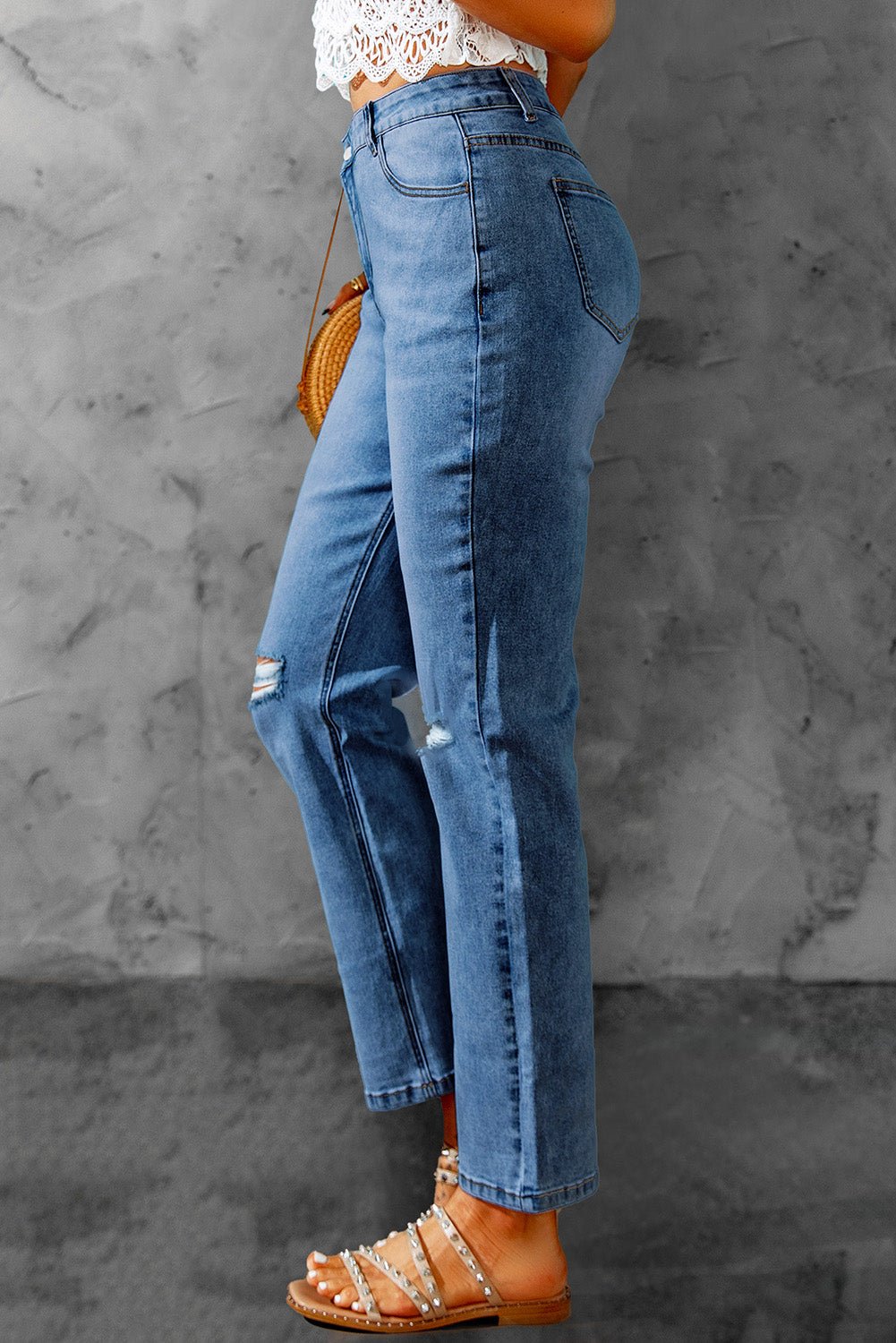 BEYOND CHIC Blue High Waist Distressed Straight Leg Jeans