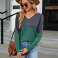 Full Size V-Neck Long Sleeve Two-Tone T-Shirt