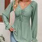 Malibu Dreams Beauteous Full Size Tie Front V-Neck Puff Sleeve Blouse