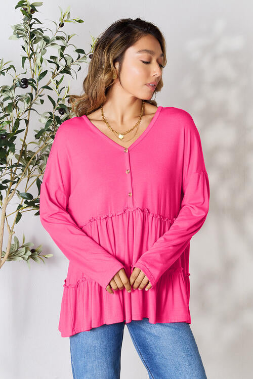Double Take Half Button Long Sleeve Ruffle Hem Blouse *