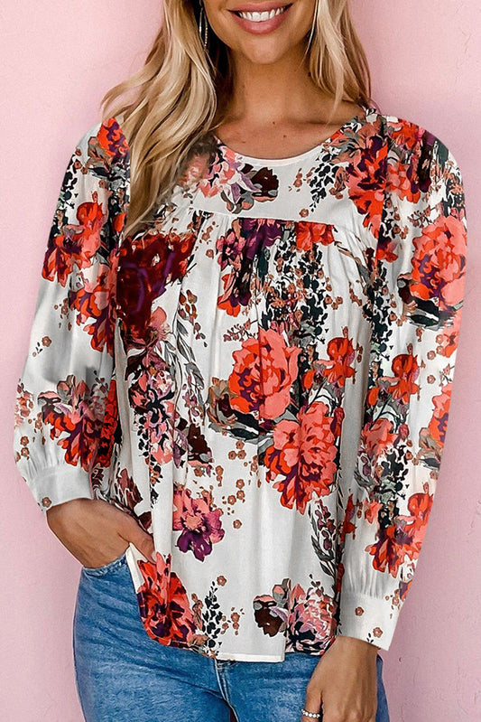 Full Size Floral Print Round Neck Long Sleeve Blouse