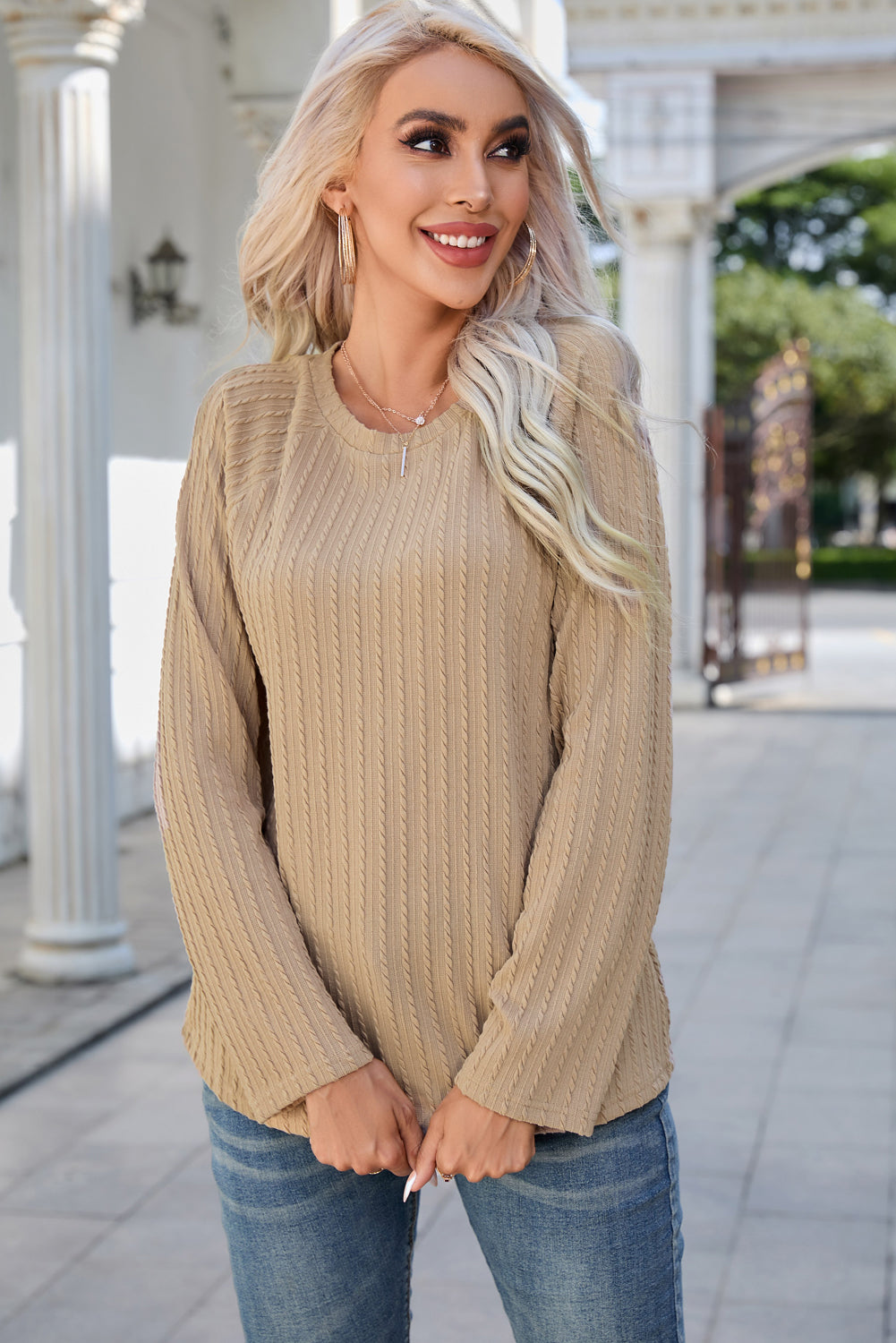 Adelisa & Yehn Round Neck Raglan Sleeve Ribbed Blouse