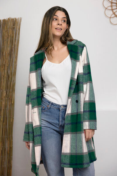 Double Take Full Size Plaid Button Up Lapel Collar Coat *