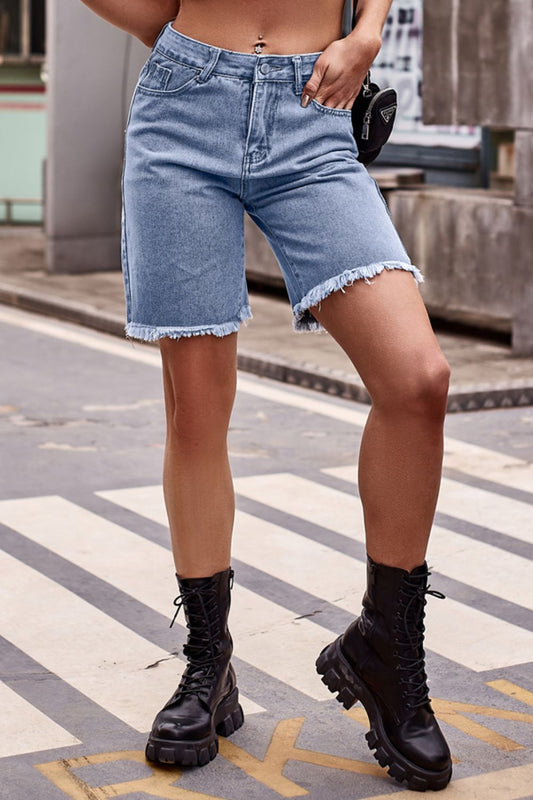 Full Size Raw Hem Denim Shorts with Pockets