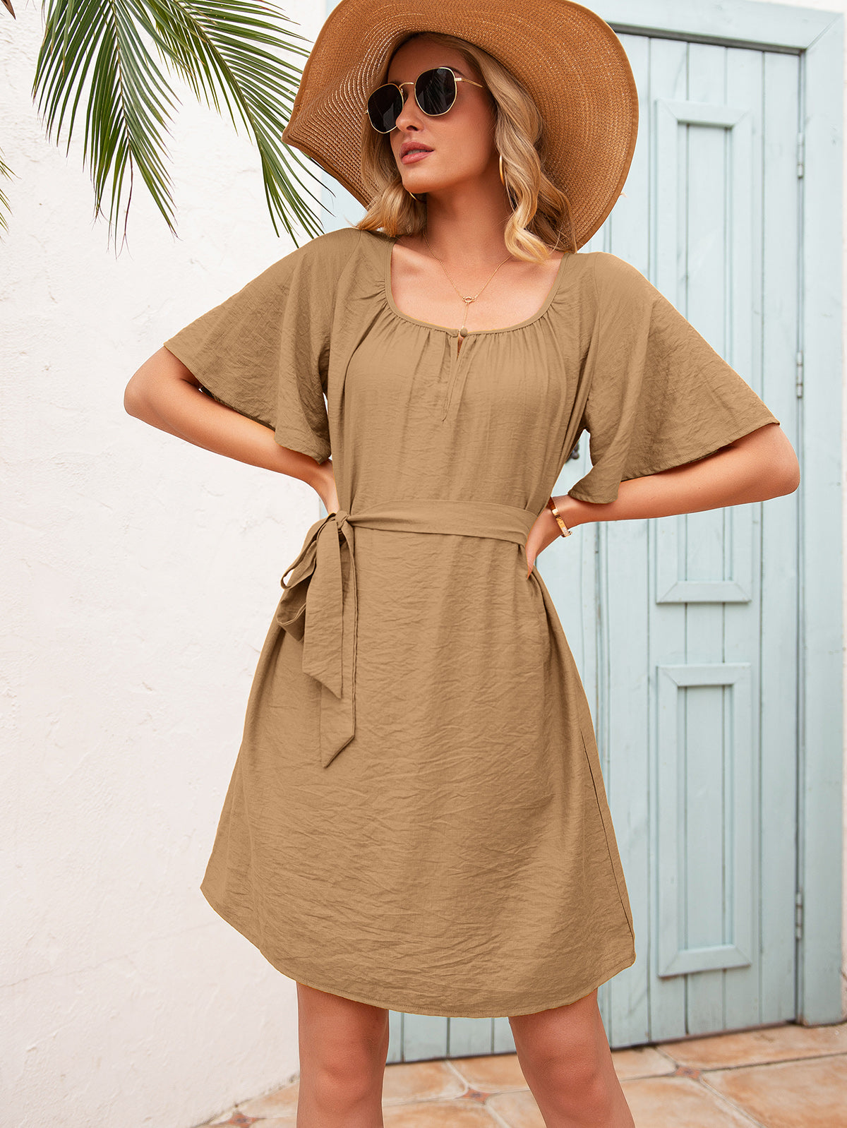 SO YOU Tie Waist Flutter Sleeve Mini Dress