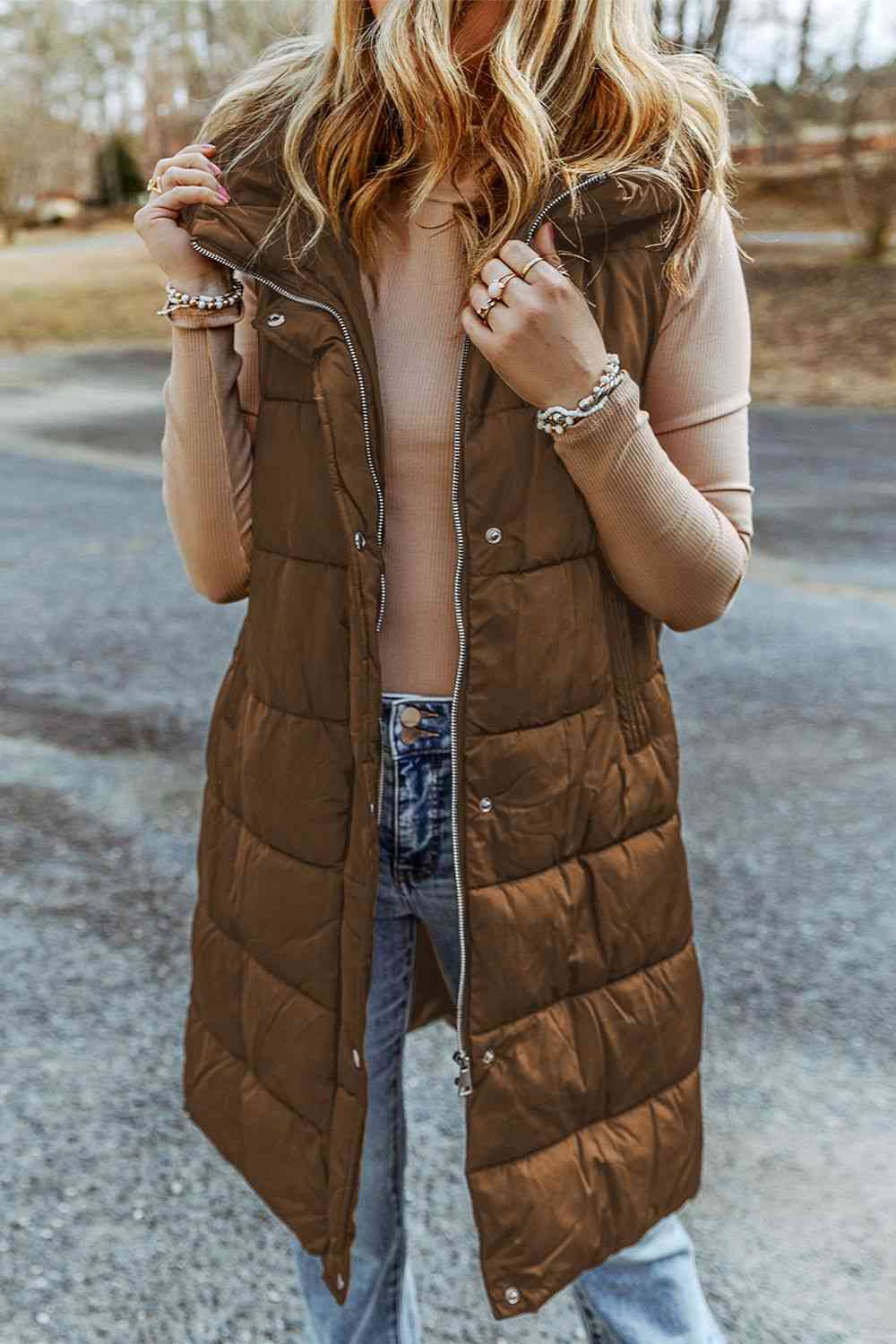 Full Size Longline Hooded Sleeveless Puffer Vest