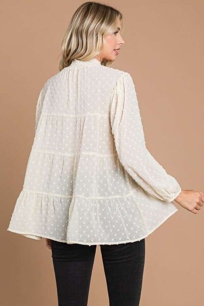 Culture Code Full Size Swiss Dot Smocked Mock Neck Blouse *