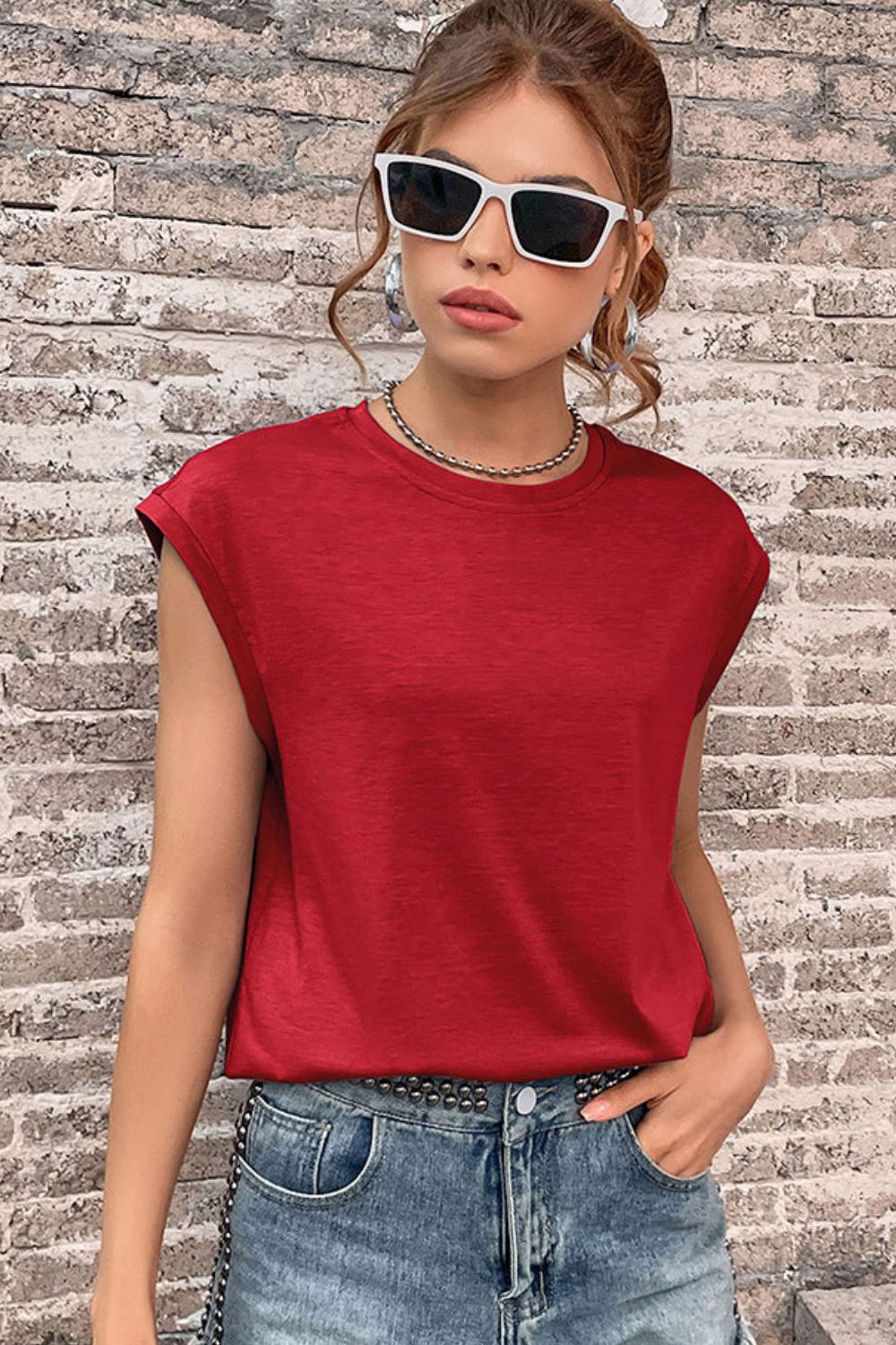 Women's Round Neck Cap Sleeve Top