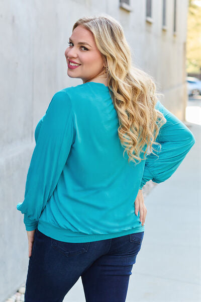 Basic Bae Full Size V-Neck Lantern Sleeve Blouse *