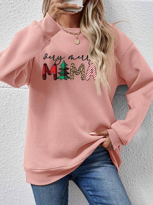 Christmas Themed VERY MERRY MAMA Letter Graphic Round Neck Long Sleeve Sweatshirt