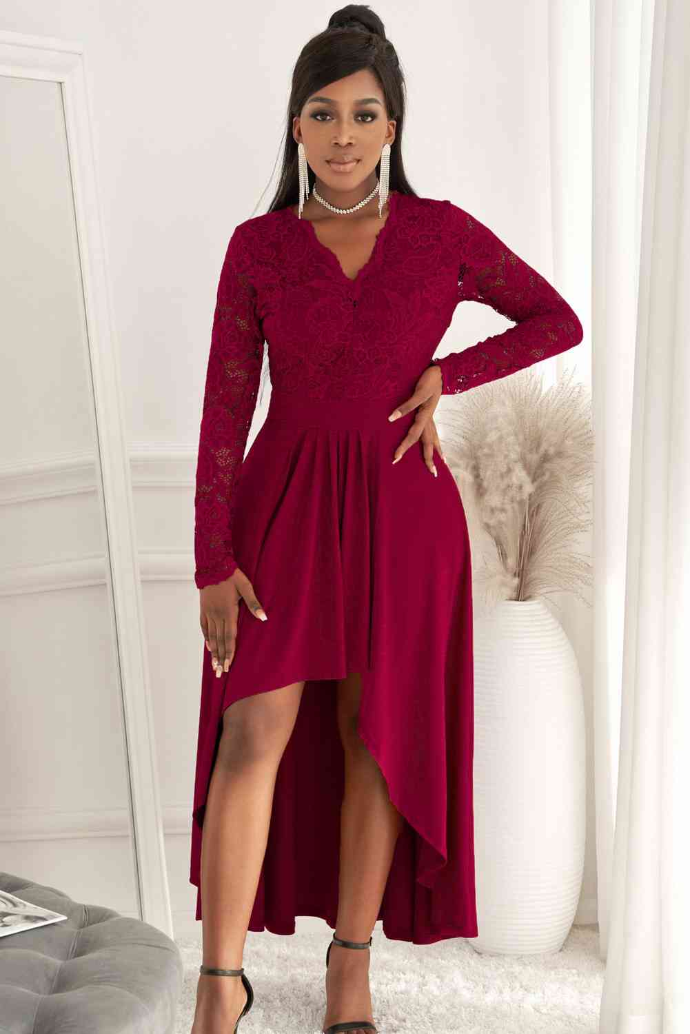 Full Size Lace High-Low V-Neck Dress