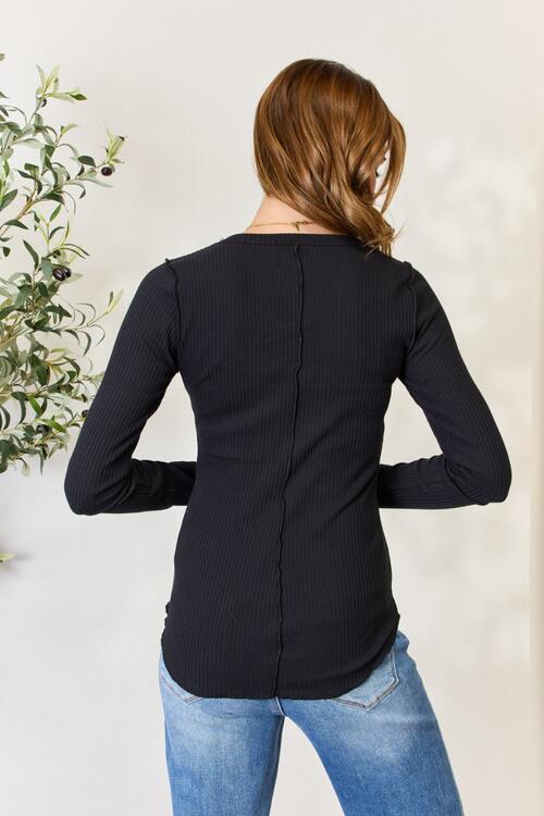 Culture Code Full Size Ribbed Round Neck Long Sleeve Top *
