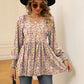 Full Size Printed V-Neck Lantern Sleeve Blouse