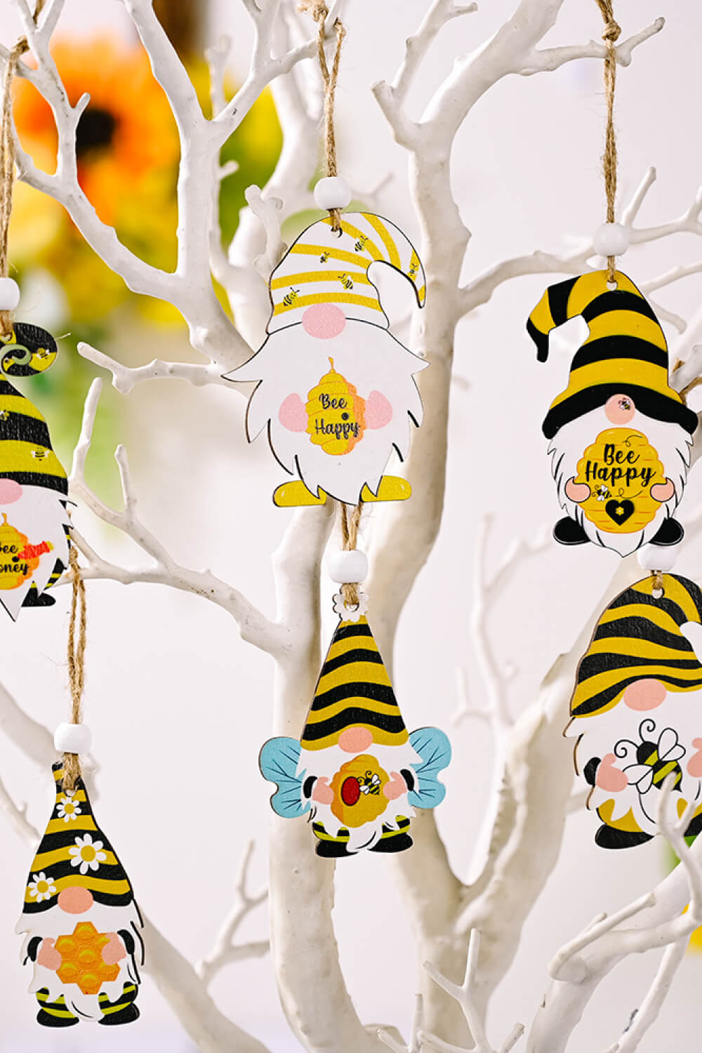 Hanging 3-Pack Bee Themed Wood Gnome Ornaments