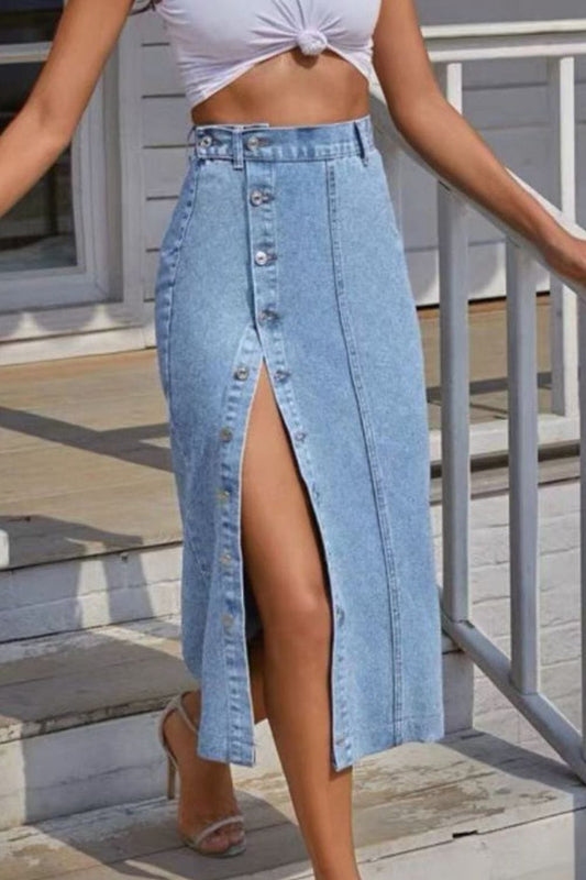 Light Blue Button Fly Split Denim Skirt