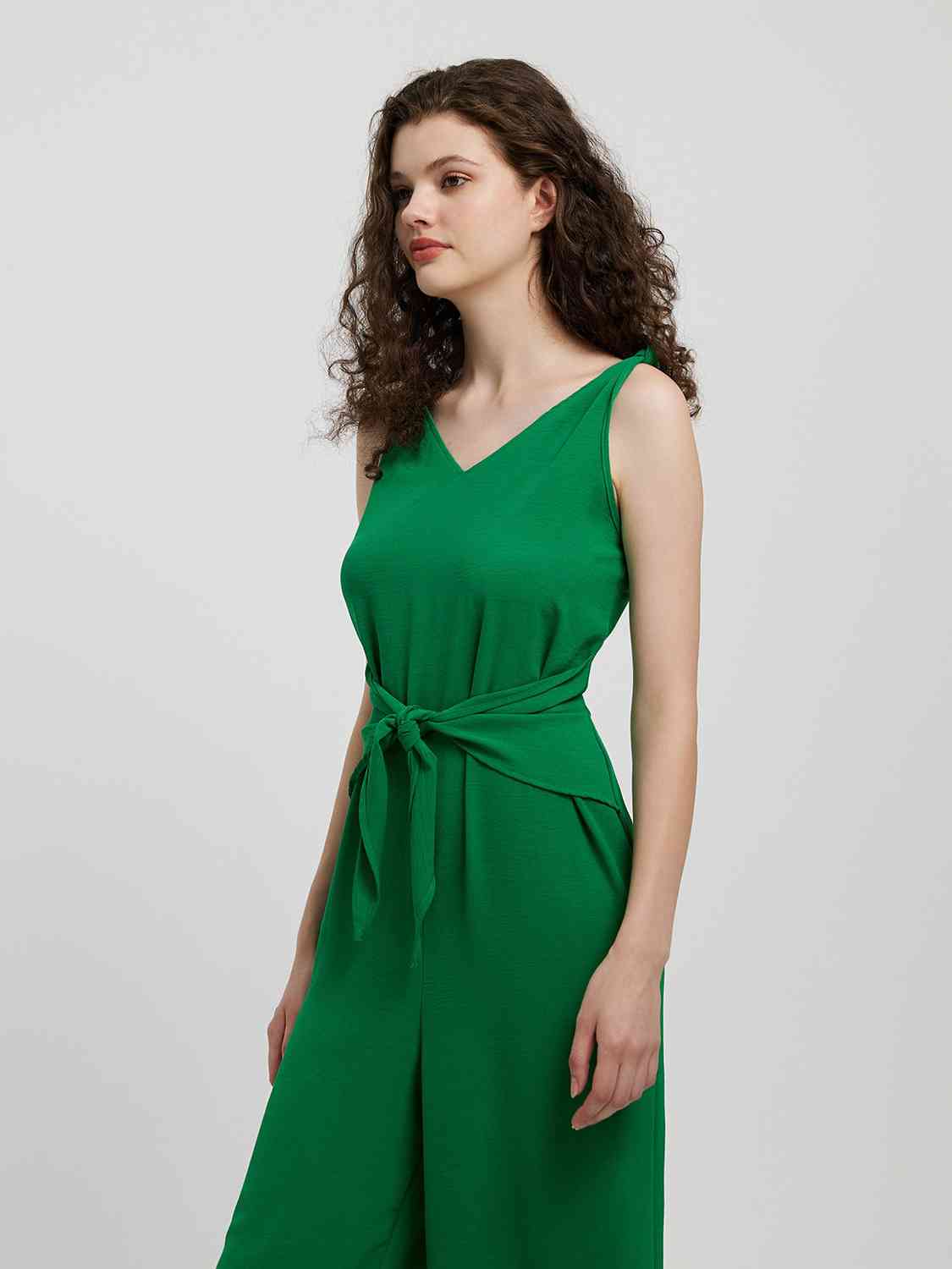 Mid Green Knot Detail Tie Front Sleeveless Jumpsuit