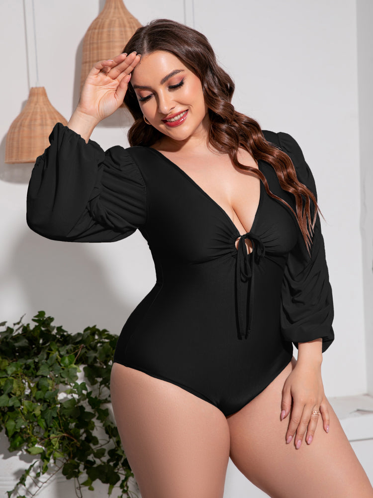 OCEANWAVES Women's Plus Size Tied Deep V Balloon Sleeve One-Piece Swimsuit