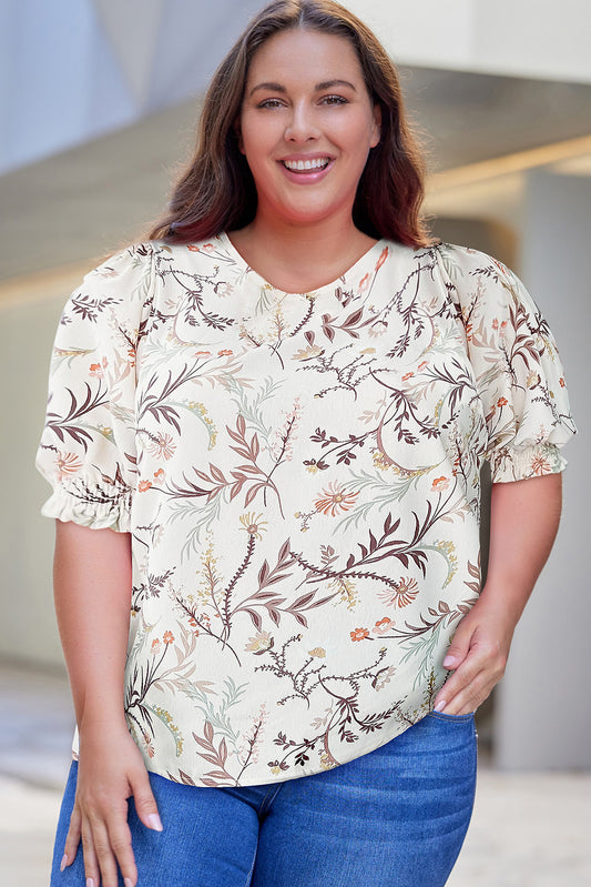 Women's Plus Size Floral Fuff-Short Sleeve Top