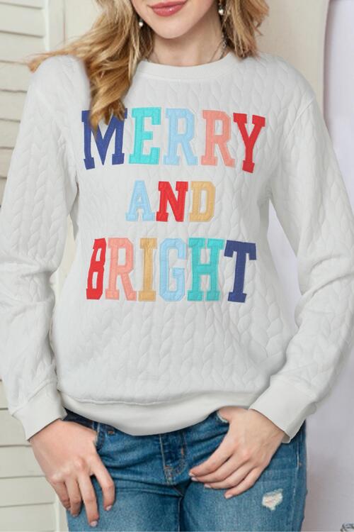 Christmas Themed MERRY AND BRIGHT Cable Knit Pullover Sweatshirt