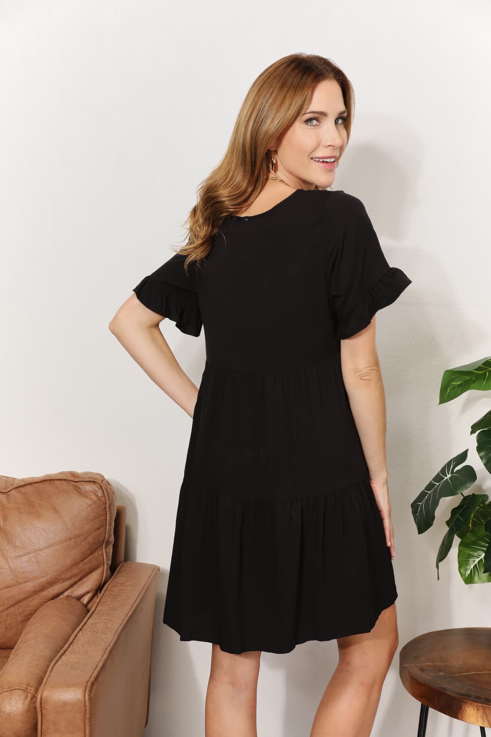 Full Size Double Take V-Neck Flounce Sleeve Tiered Dress *