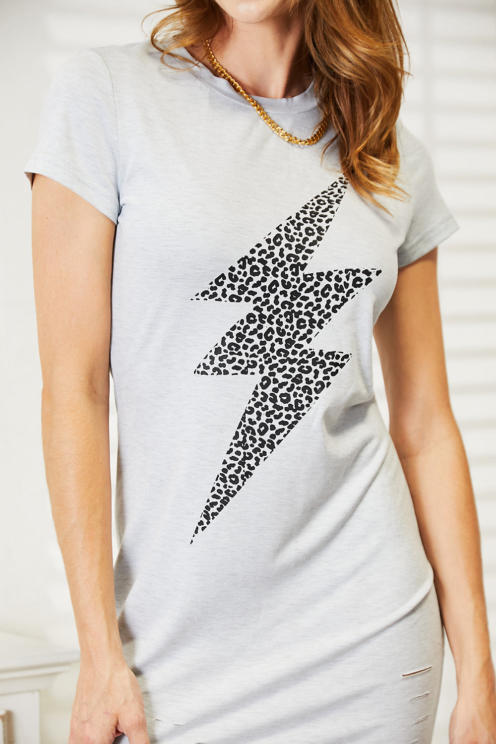 Double Take Leopard Lightning Graphic Light Gray Tee Dress