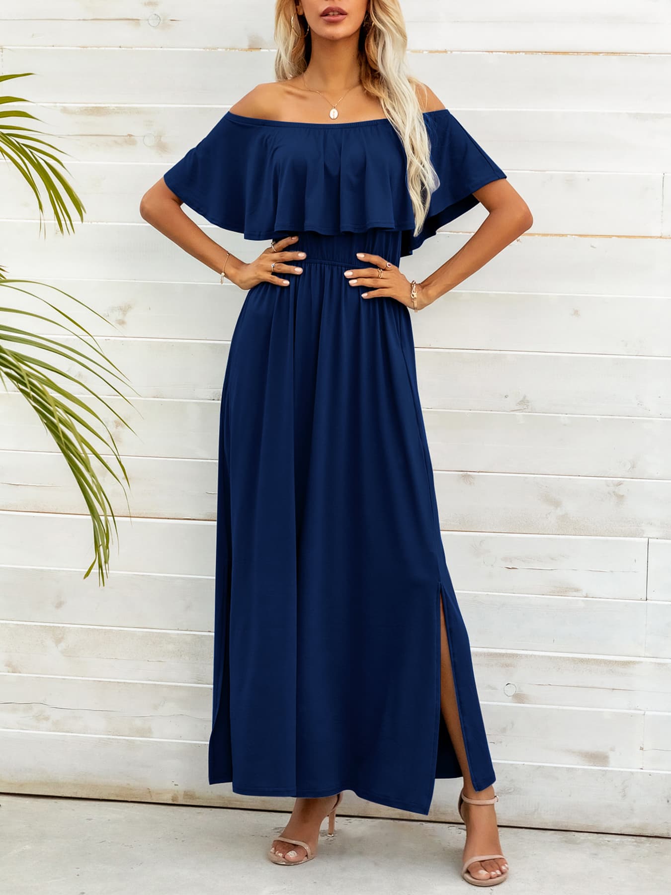 OCEANSIDE Full Size Off-Shoulder Slit Maxi Dress