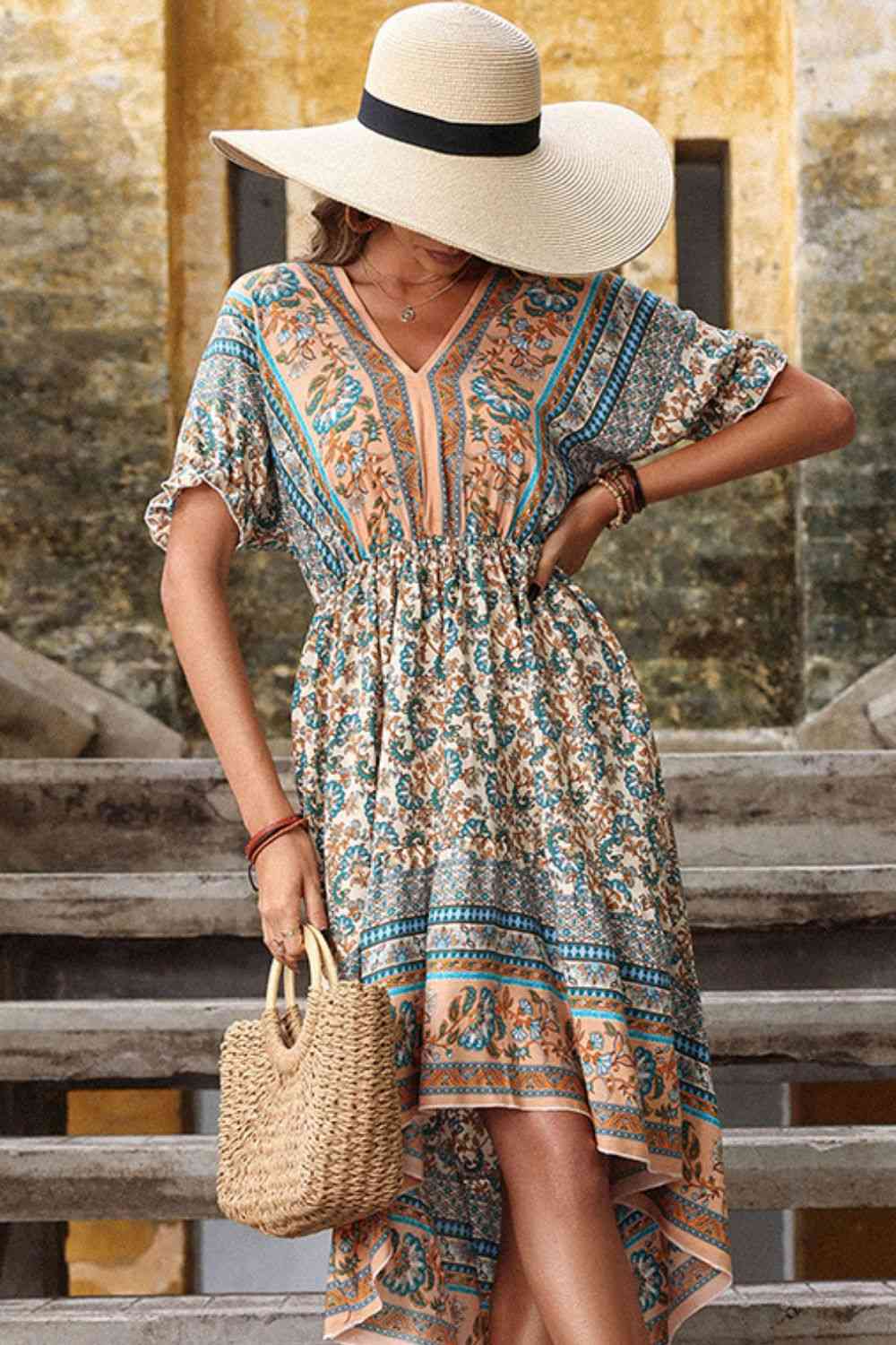 Full Size Bohemian High-Low Open Back Dress