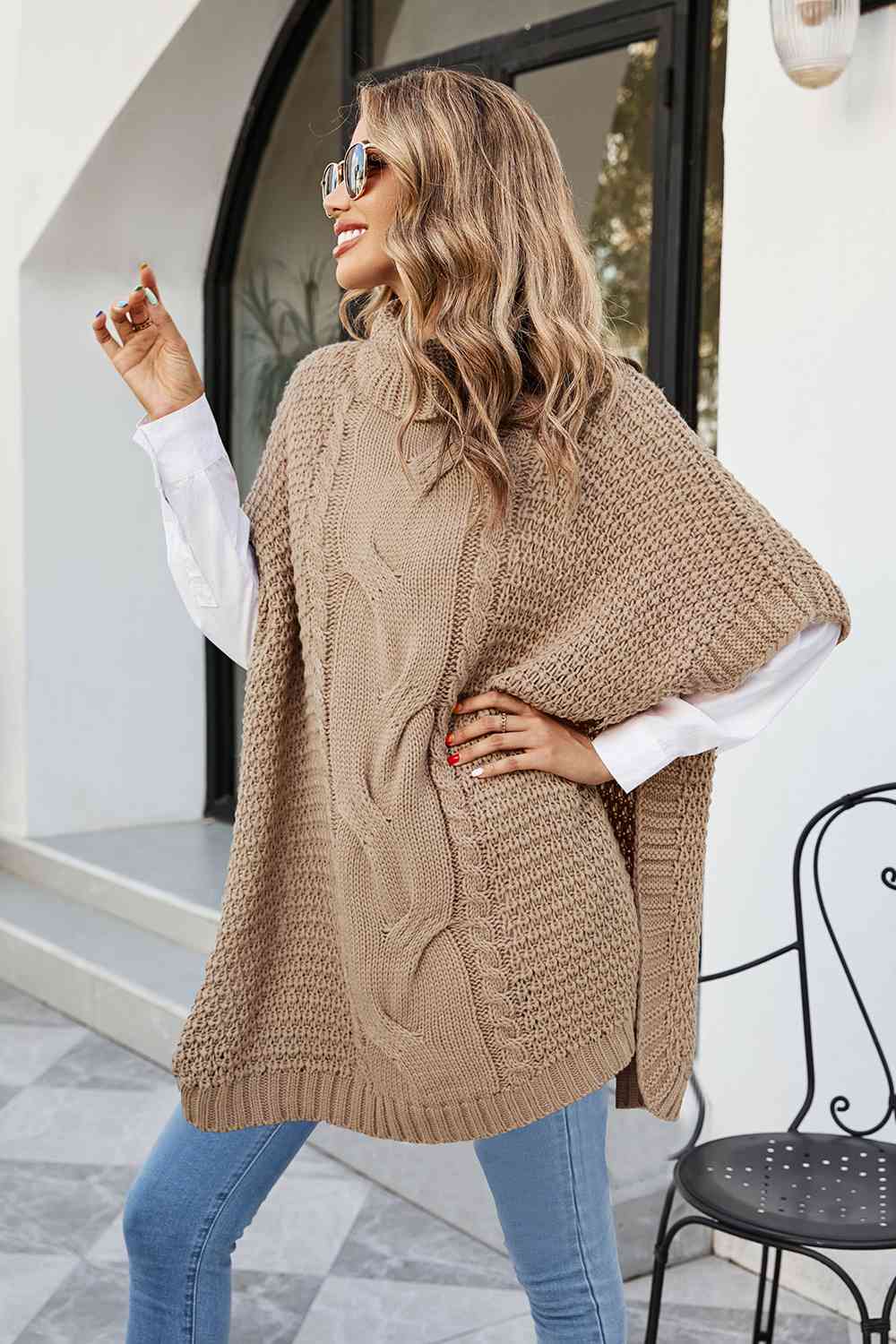 KnittedEmporium Cable-Knit Turtleneck Slit Sweater