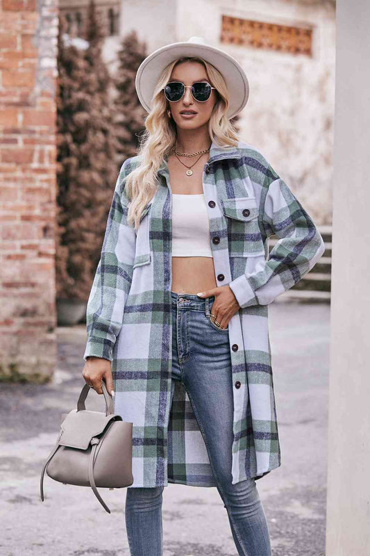 Full Size Plaid Dropped Shoulder Longline Jacket