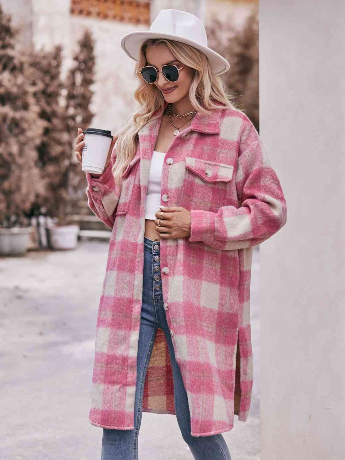 Adrien Planet Full Size Plaid Dropped Shoulder Slit Coat