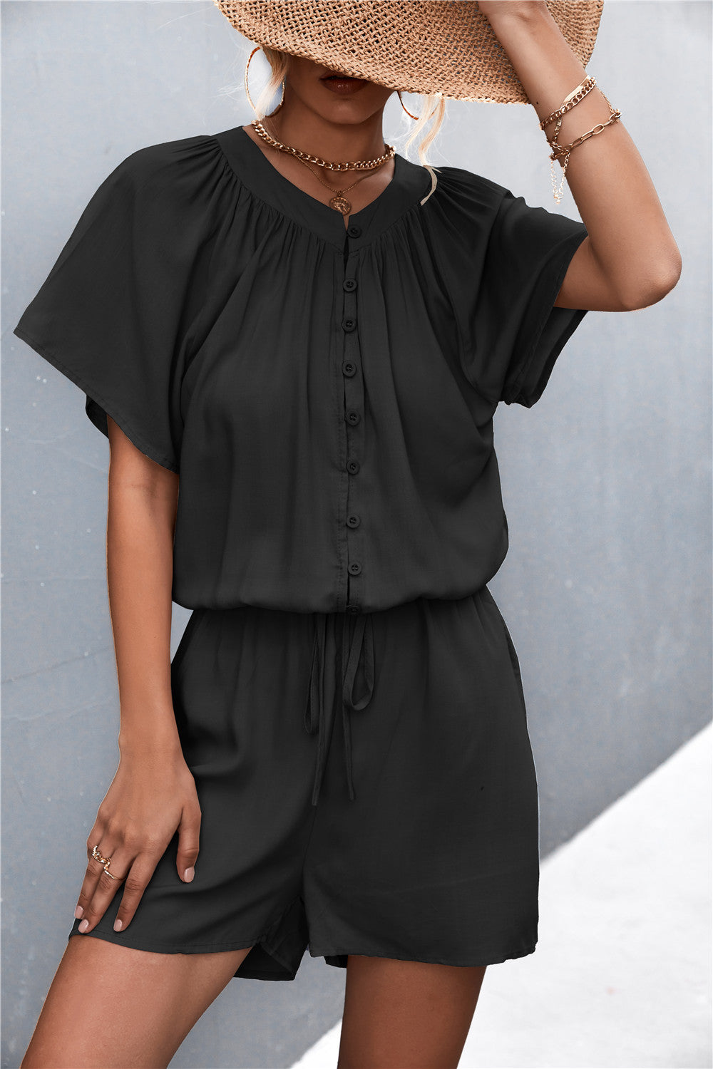 Women's Buttoned Gather Detail Romper