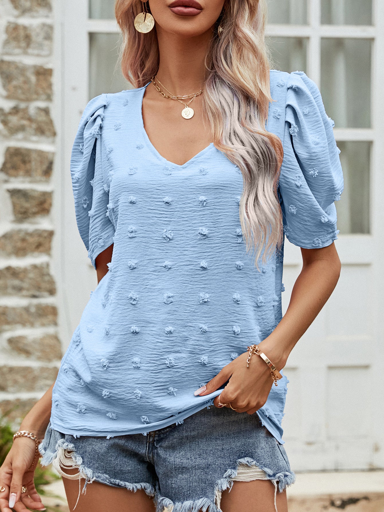 Women's Swiss Dot Short Puff Sleeve Top