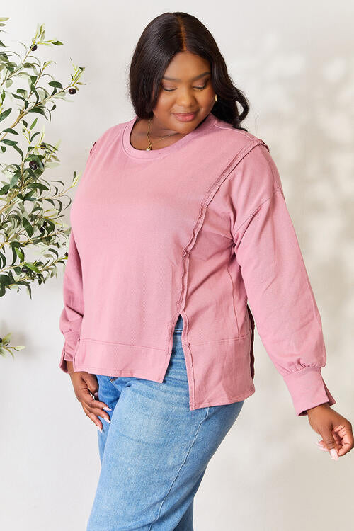 Culture Code Full Size Round Neck Exposed Seam Slit Top *