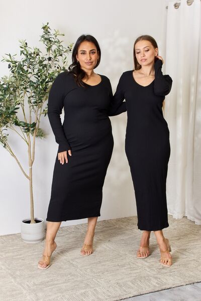 Culture Code Full Size Ribbed Long Sleeve Midi Slit Dress *