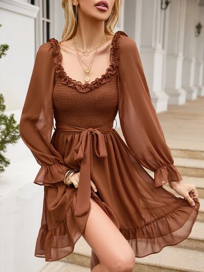 Women's SoDreamy Tie Front Ruffle Hem Smocked Dress