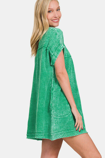 Zenana Washed Notched Short Sleeve Mini Dress *