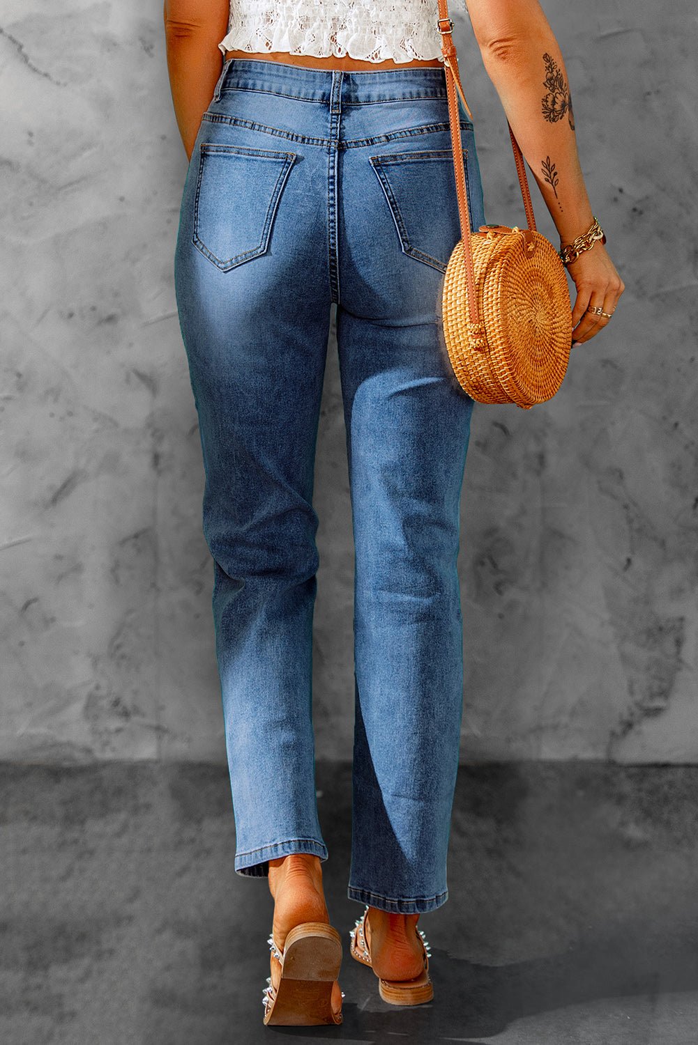 BEYOND CHIC Blue High Waist Distressed Straight Leg Jeans