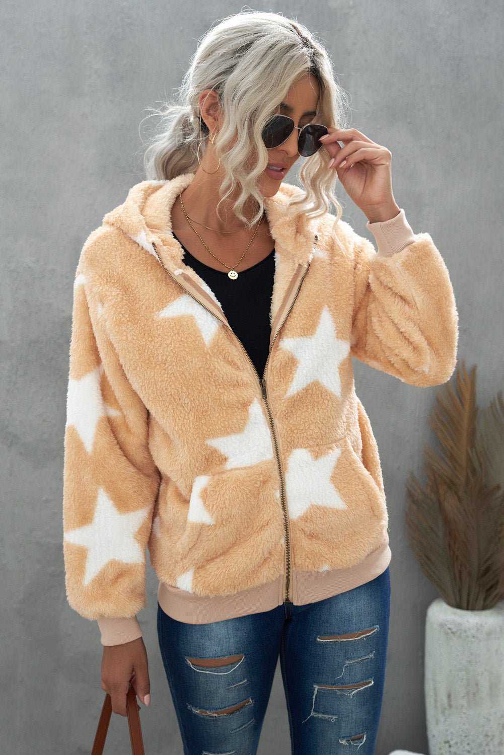 Women's Sophia & Grace Full Size Star Print Zipper Fleece Hooded Coat