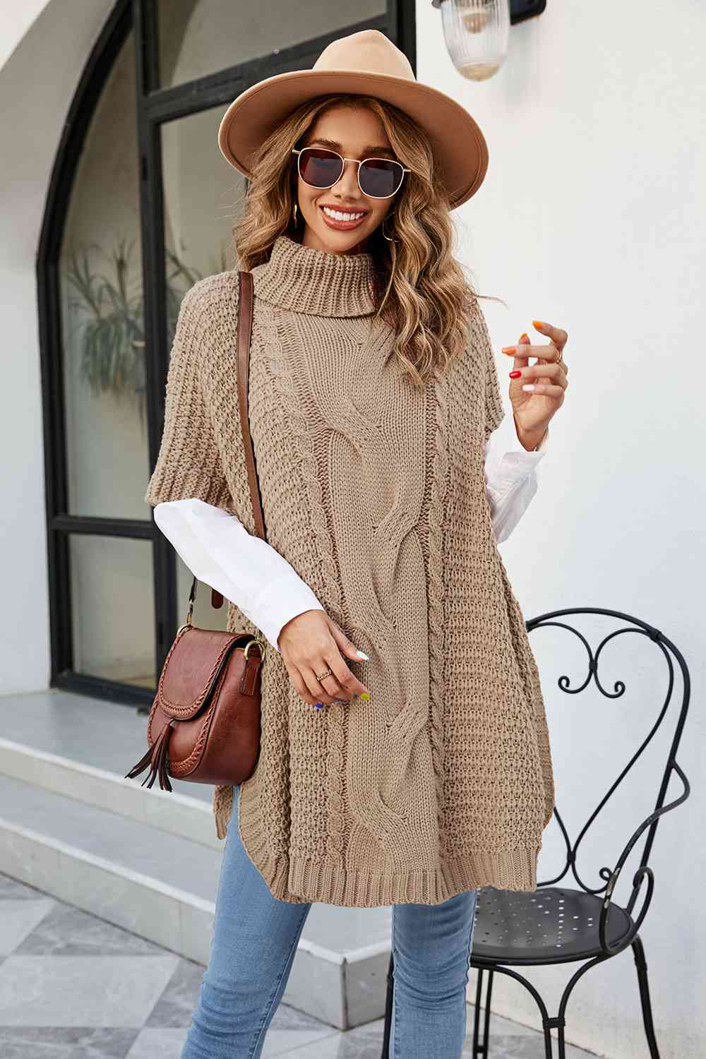 KnittedEmporium Cable-Knit Turtleneck Slit Sweater