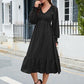 Swiss Dot V-Neck Smocked Lantern Sleeve Ruffle Hem Dress