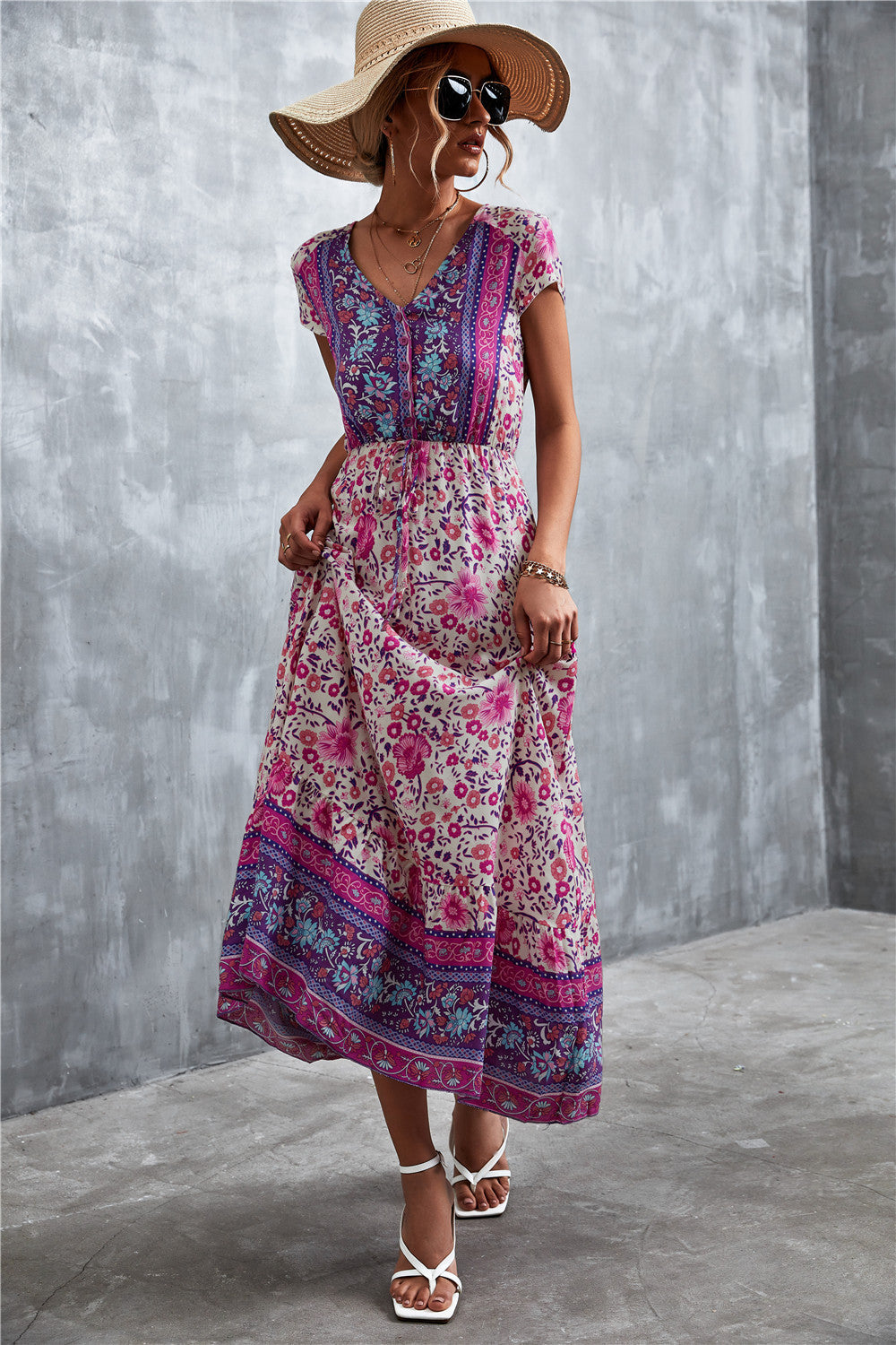 Full Size V-Neck Short Sleeve Printed Maxi Dress