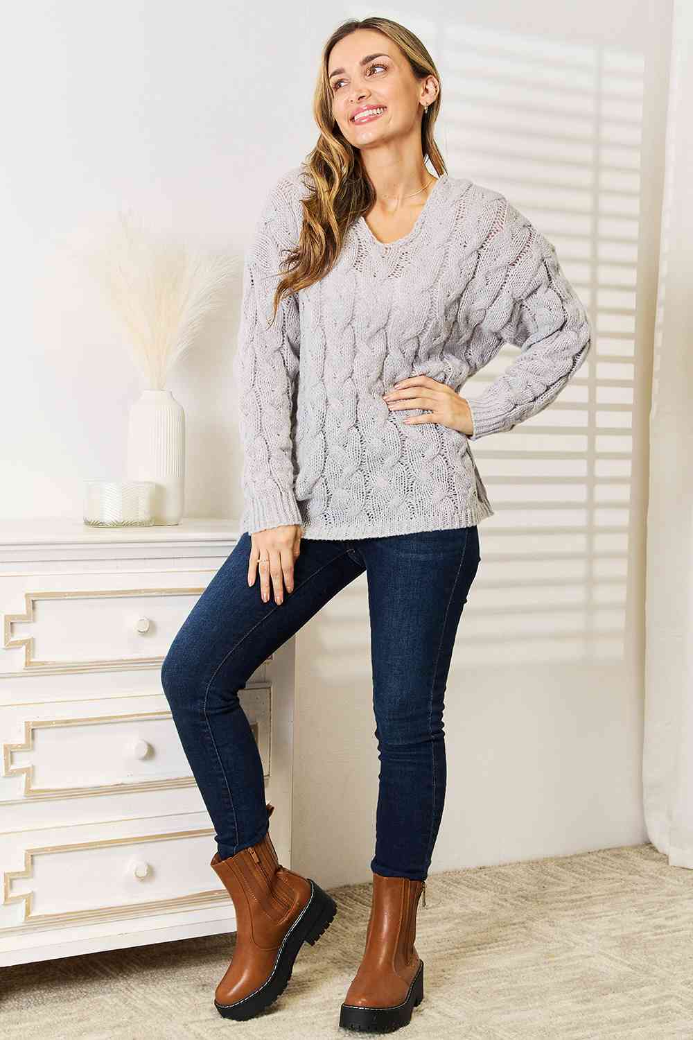 Woven Right Cable-Knit Hooded Sweater *
