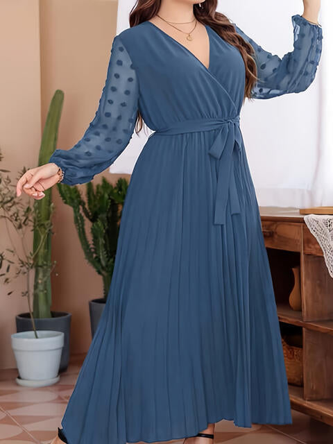 Plus Size Peacock Blue Swiss Dot Tie Waist Maxi Dress