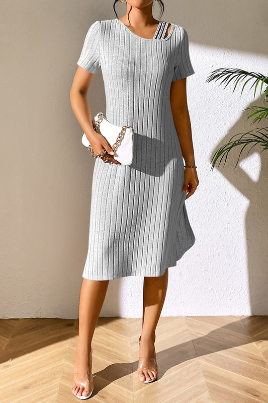 Full Size Ribbed Asymmetrical Neck Short Sleeve Dress