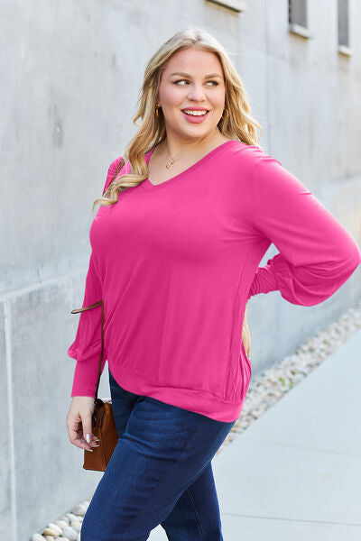 Basic Bae Full Size V-Neck Lantern Sleeve Blouse *
