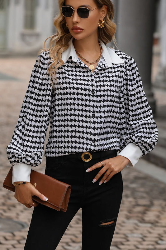 Adriana & Bae Printed Collared Neck Lantern Sleeve Shirt