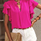 Ruffled Notched Short Sleeve Blouse
