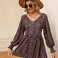 Full Size Printed V-Neck Lantern Sleeve Blouse