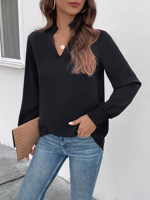 Black Smocked Notched Long Sleeve Blouse